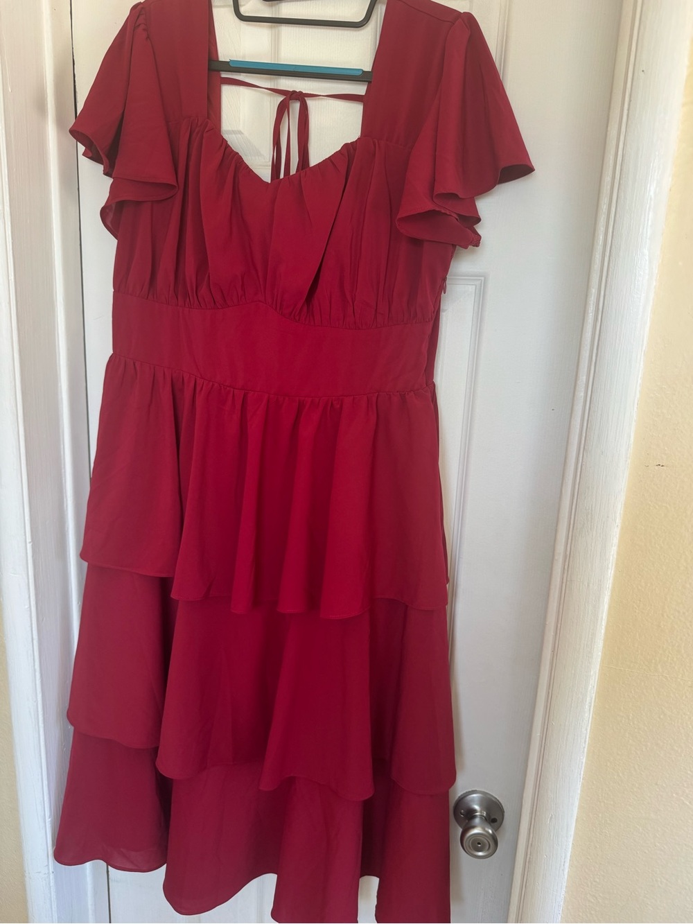 Women's Red Tiered Midi Dress with Flutter Sleeves